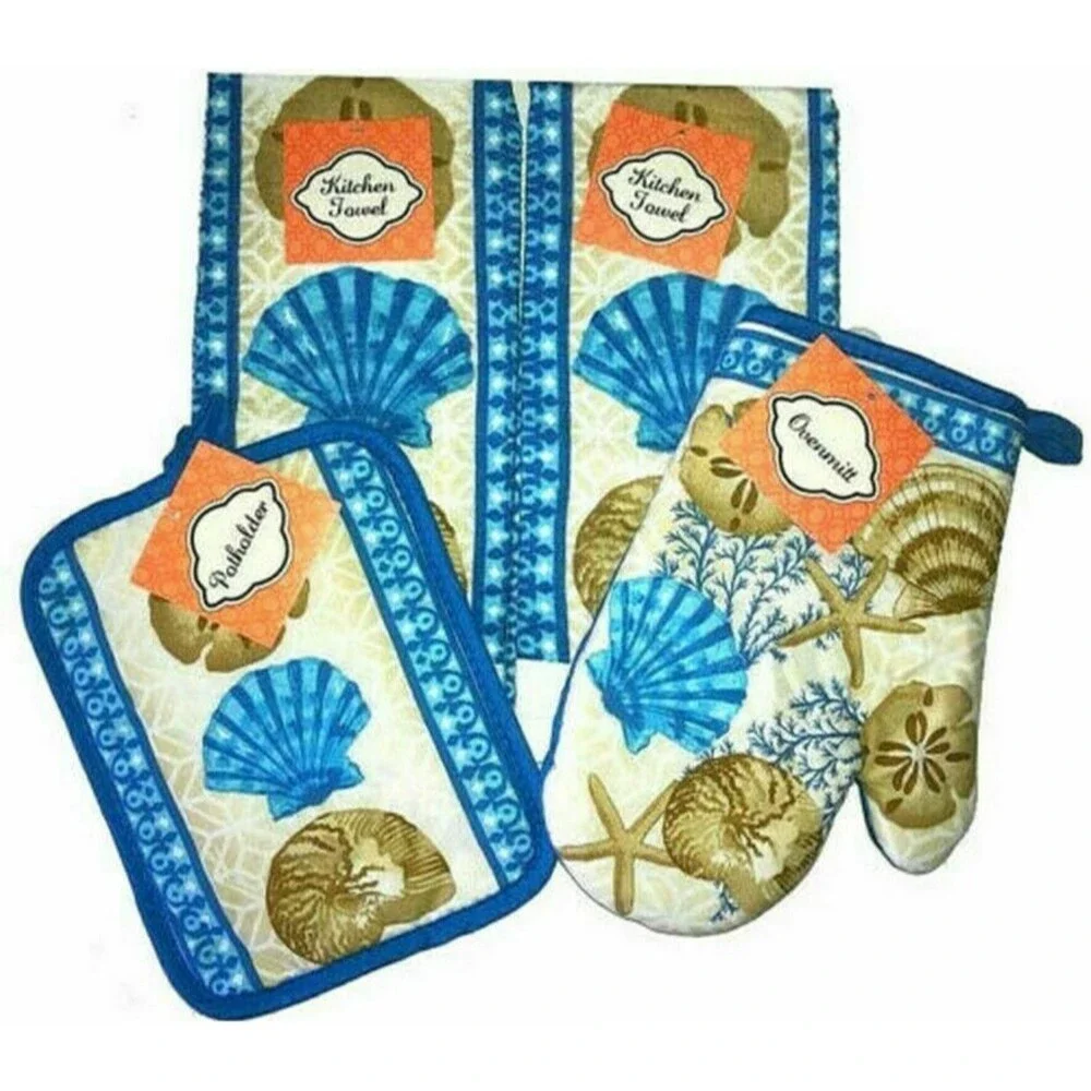 Shells Starfish Kitchen Dish Towels Oven Mitt Potholder Set of 4 Summer Beach